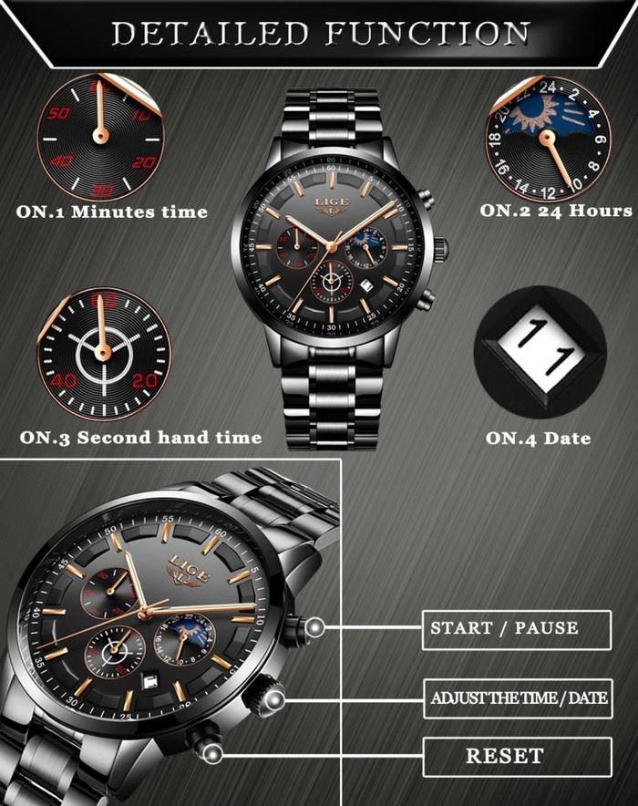 Business Styled Quartz Watch Chronograph Calendar Waterproof for Men with Stainless Steel Strap