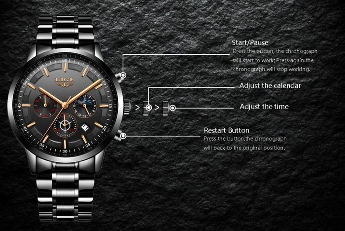 Business Styled Quartz Watch Chronograph Calendar Waterproof for Men with Stainless Steel Strap