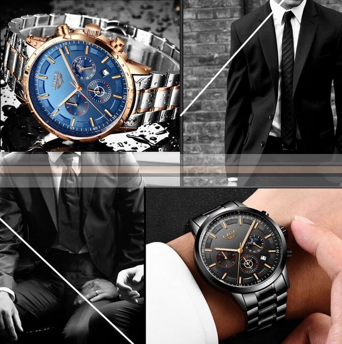 Business Styled Quartz Watch Chronograph Calendar Waterproof for Men with Stainless Steel Strap