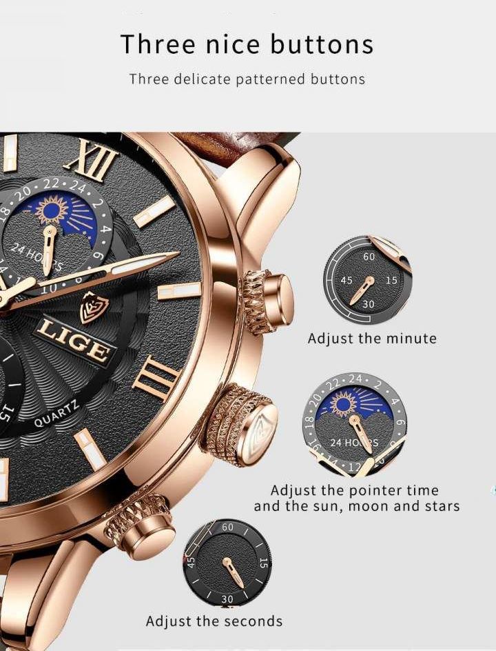 Men's Moon Phase Leather Band Watches