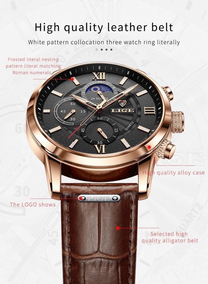 Men's Moon Phase Leather Band Watches