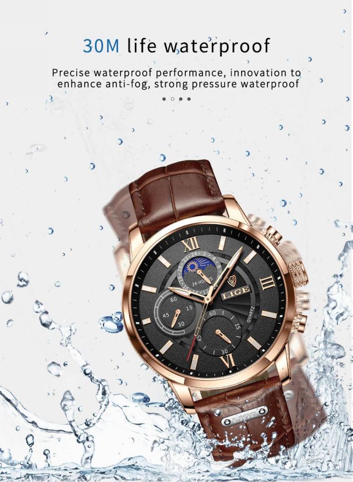 Men's Moon Phase Leather Band Watches