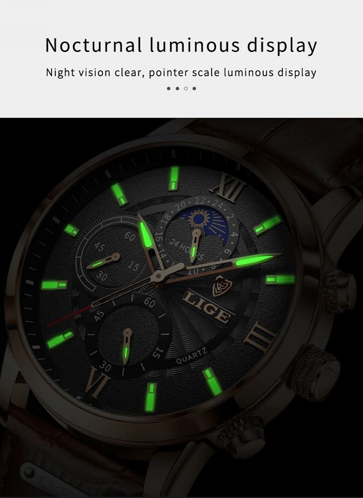 Men's Moon Phase Leather Band Watches