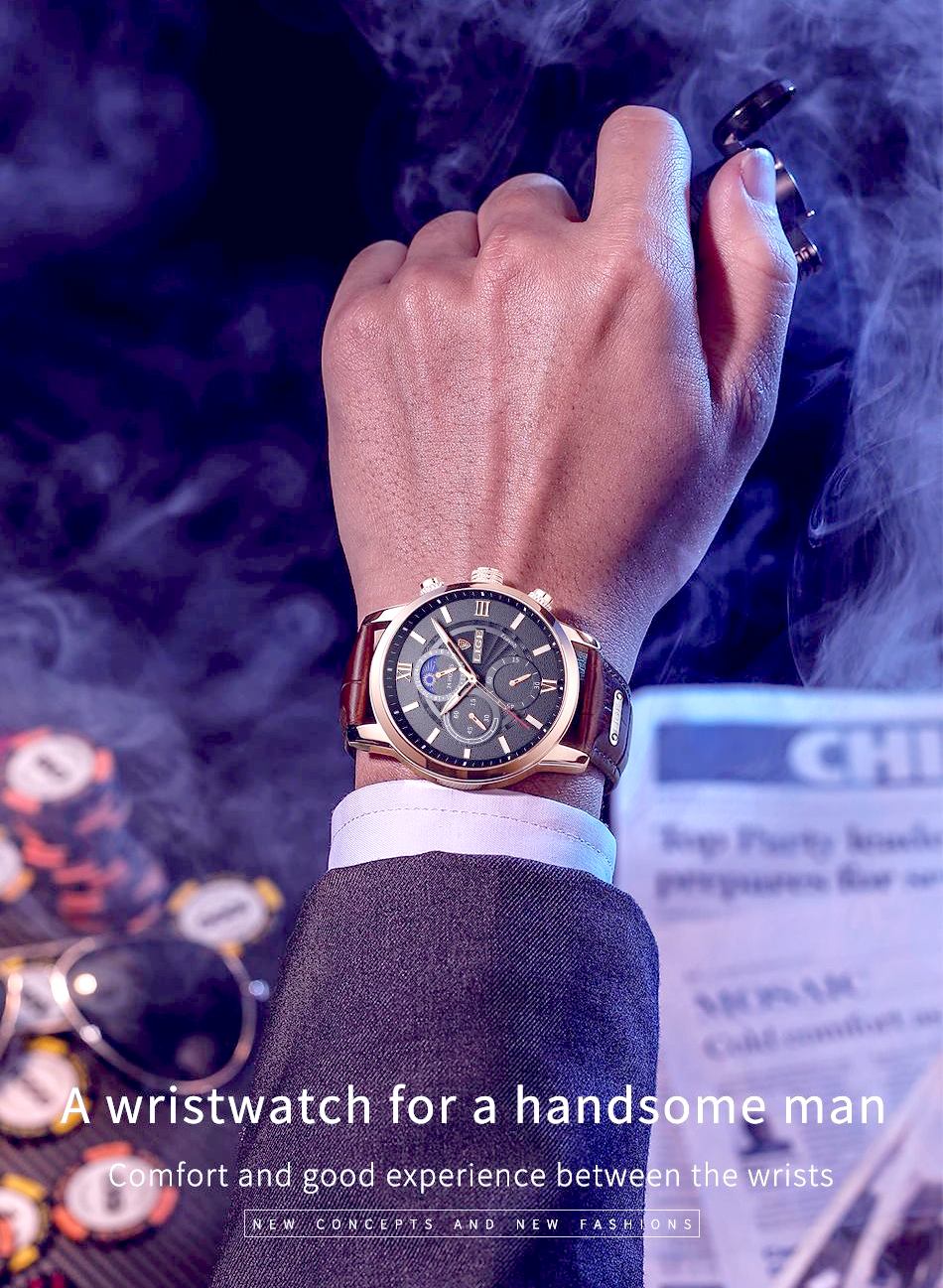 Men's Moon Phase Leather Band Watches