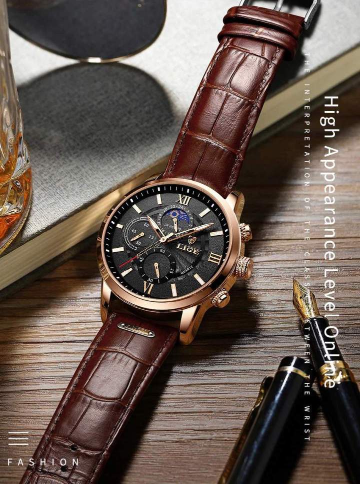 Men's Moon Phase Leather Band Watches