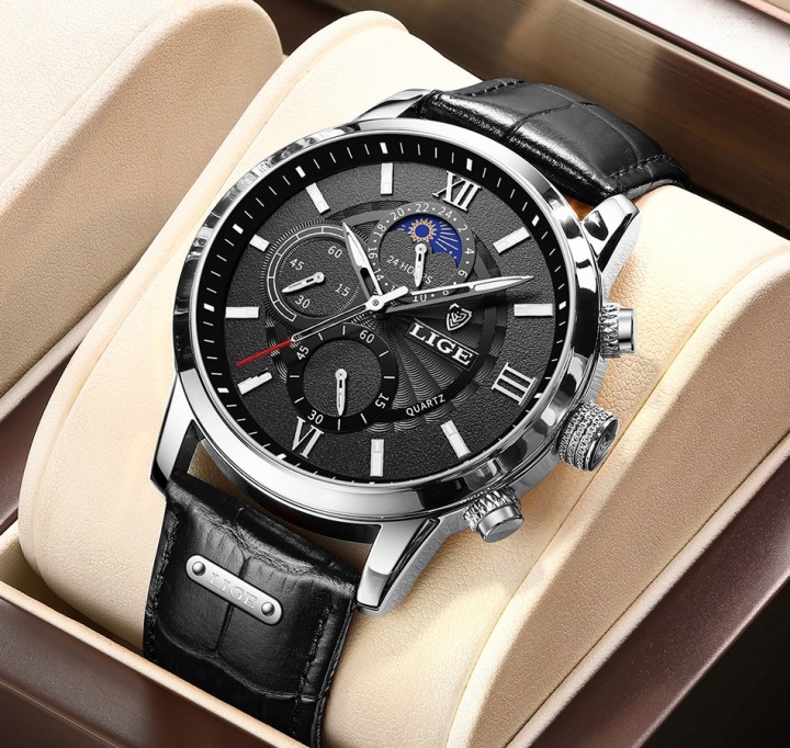 Men's Moon Phase Leather Band Watches