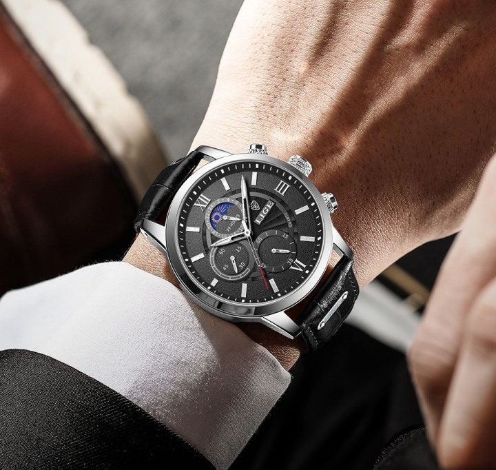 Men's Moon Phase Leather Band Watches