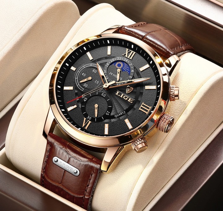Men's Moon Phase Leather Band Watches
