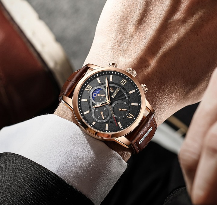 Men's Moon Phase Leather Band Watches