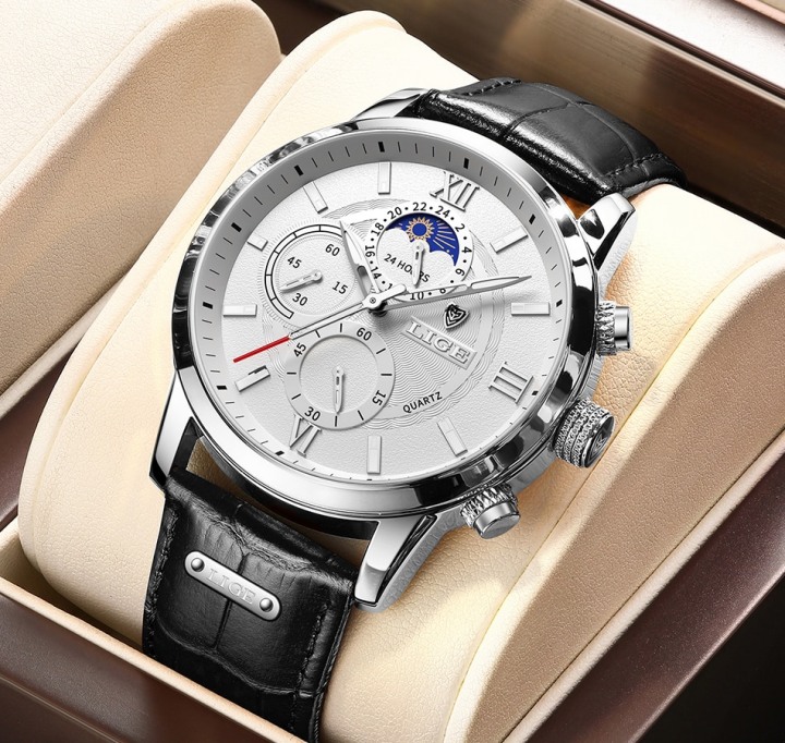 Men's Moon Phase Leather Band Watches