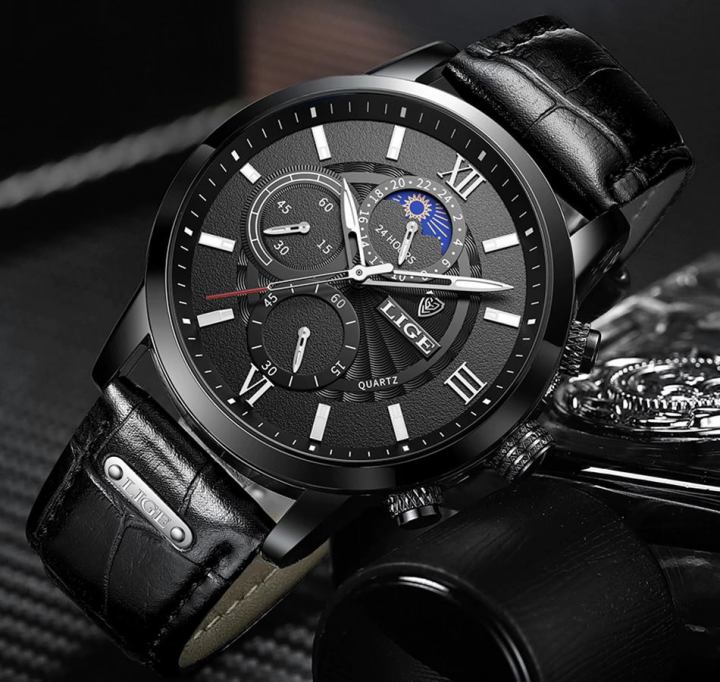 Men's Moon Phase Leather Band Watches