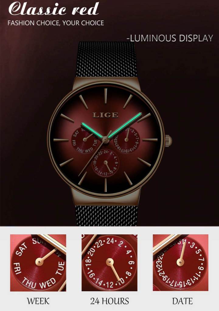 Mens Watches Luxury Quartz Ruby Mesh Steel Strap Business Luminous Wrist Watch Waterproof Watches For Men