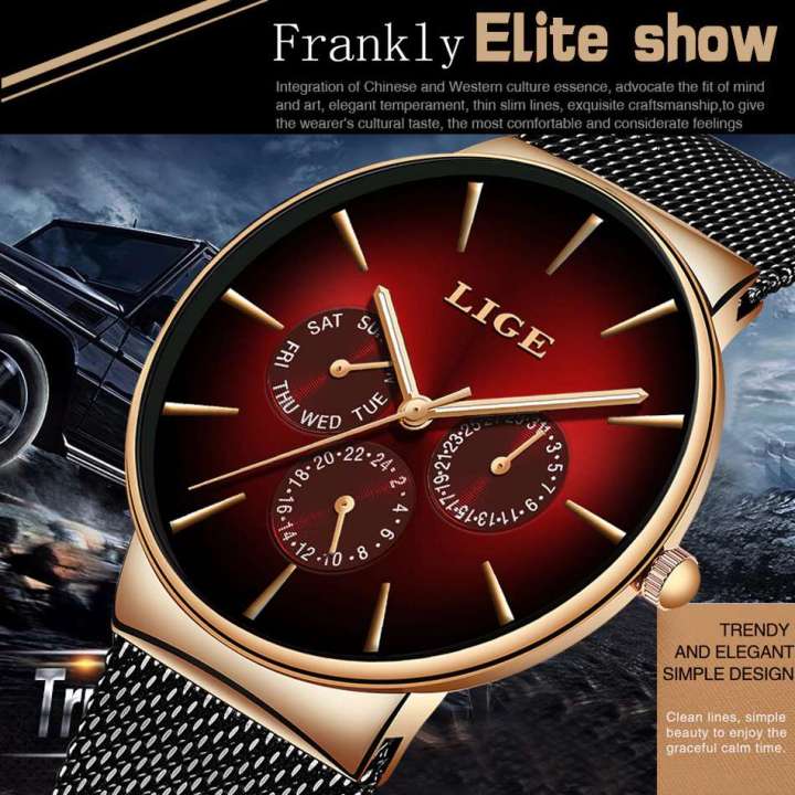 Mens Watches Luxury Quartz Ruby Mesh Steel Strap Business Luminous Wrist Watch Waterproof Watches For Men