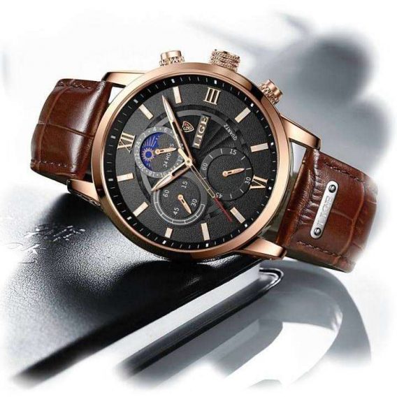 Men's Watches Quartz Chronograph Waterproof Moon Phase Leather Band Watches